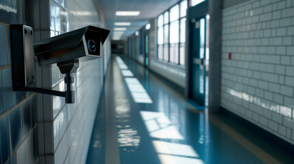 Security camera in a school hallway