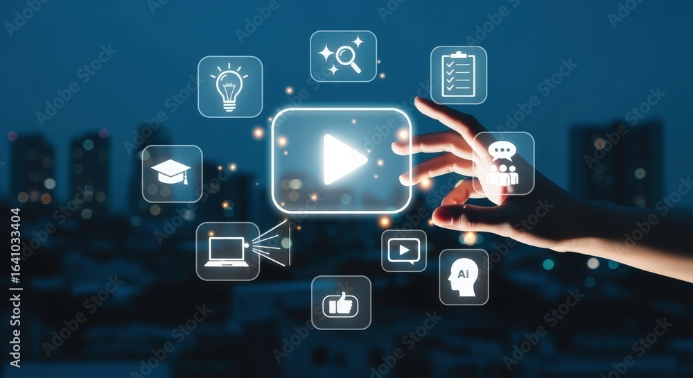 Poster interactive digital media: hand touching play button with online learning and business icons