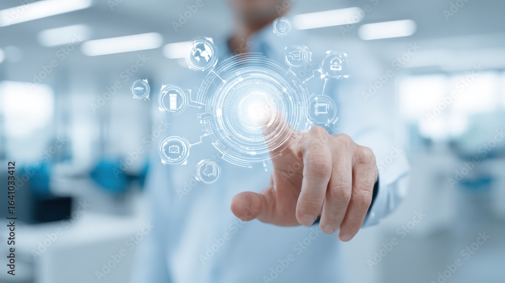 Poster man interacting with digital interface demonstrating modern technology, automation, and connectivity