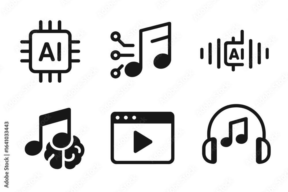 Poster representation of artificial intelligence in music through various icons illustrating technology and