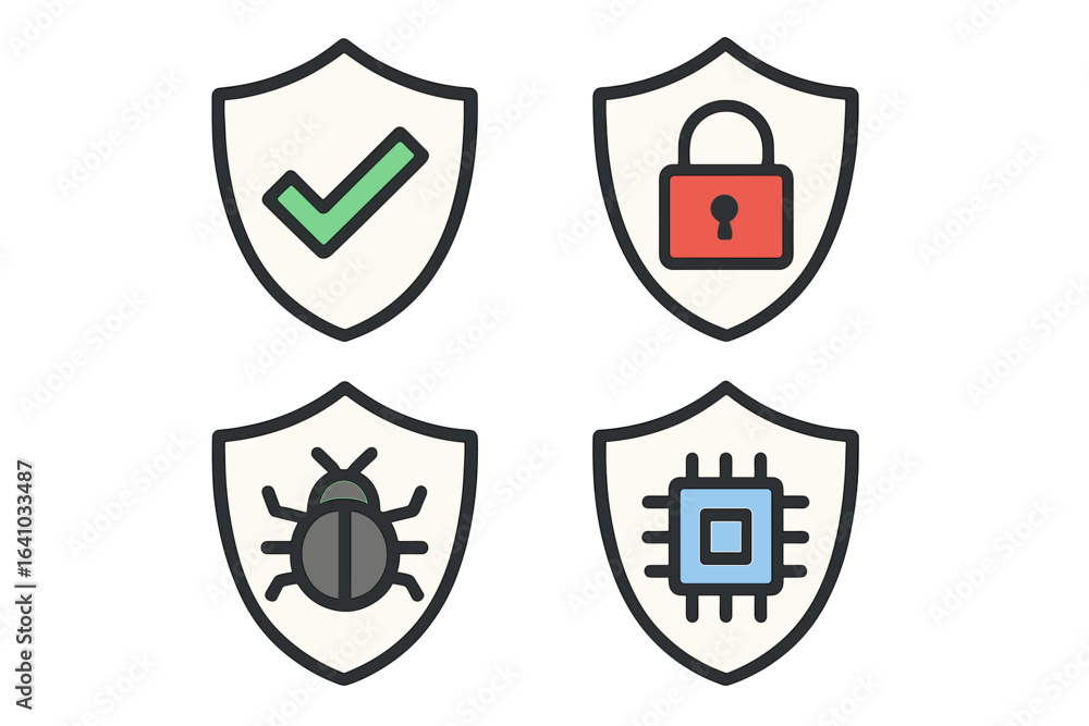 Poster security icons representing protection, vulnerability, and detection in digital environments with va
