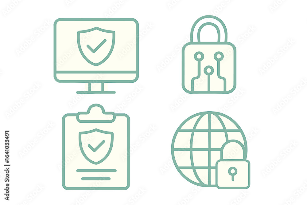 Poster digital security icons representing computer protection, data privacy, and global cybersecurity prin