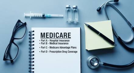 Medicare information on notepad with medical equipment, symbolizing healthcare coverage and benefits for seniors