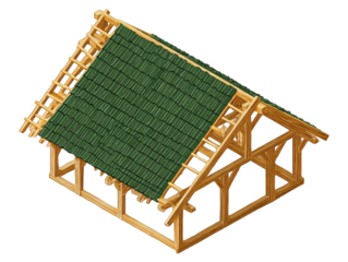 Isometric view of a wooden house roof and frame.  Green tiles on a timber-framed structure
