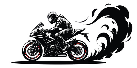 Dynamic Motorcycle Illustration Striking Black and White Image of a Rider Speeding with Trail of Smoke Artistic Silhouette