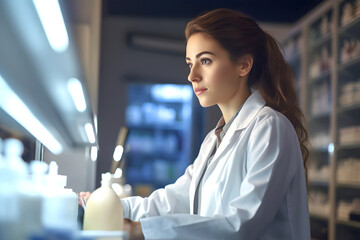 Fototapeta premium Young professional in laboratory coat working in a modern pharmacy during evening hours, focused on her tasks