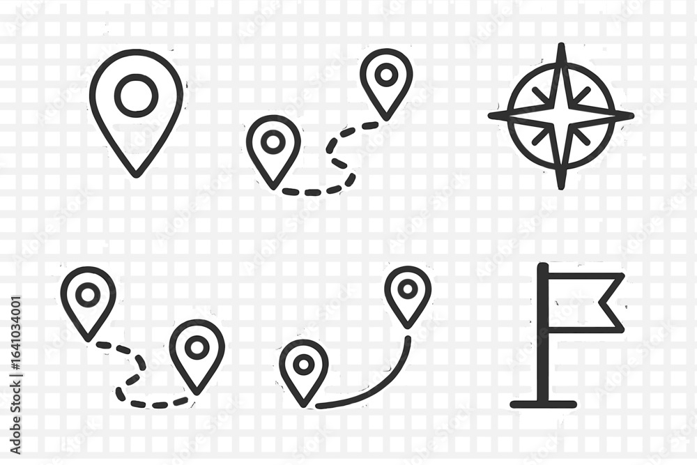 Poster map markers and compass symbols illustrating navigation and location tracking for travel planning
