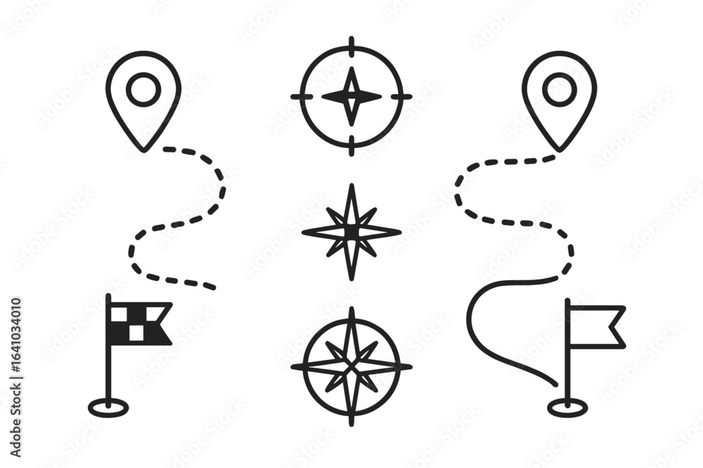 Poster navigation symbols and elements illustrating routes and directions in a minimalist style