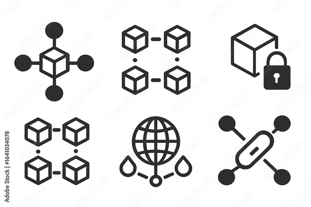 Poster conceptual representation of blockchain technology featuring interconnected cubes, security symbols,