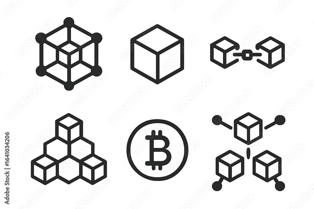 Poster 3d cube and blockchain symbols illustrating digital technology concepts and cryptocurrency