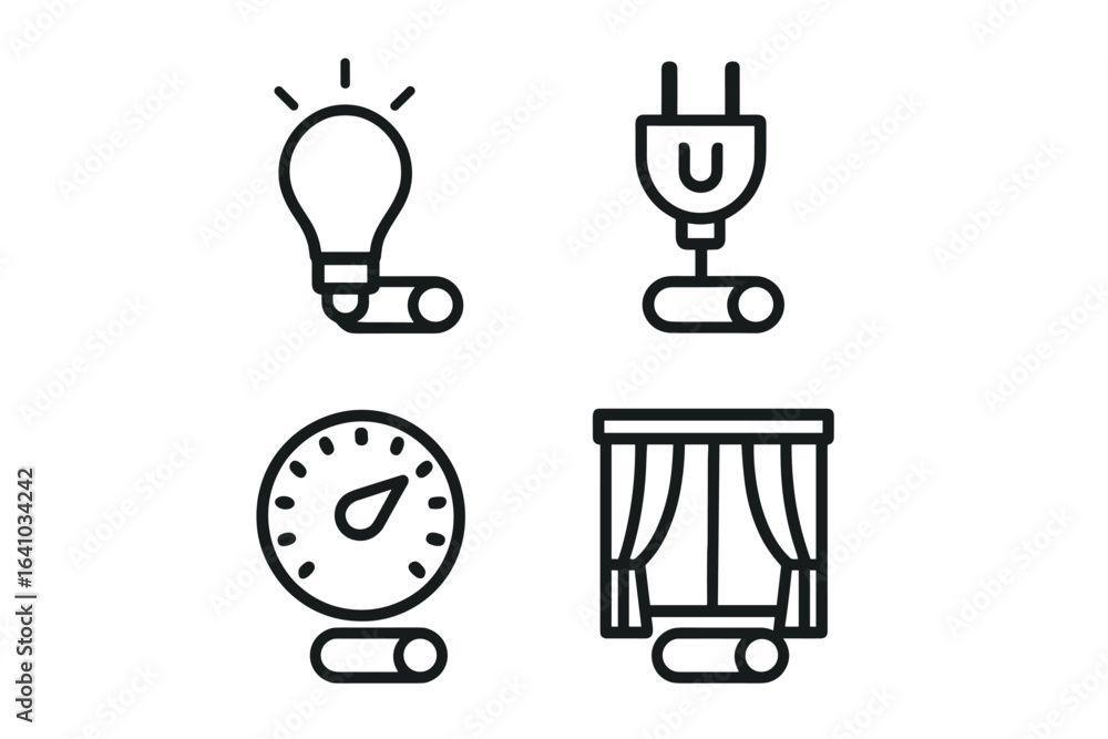 Poster set of simple icons representing energy consumption, lighting, and home automation elements in a mod