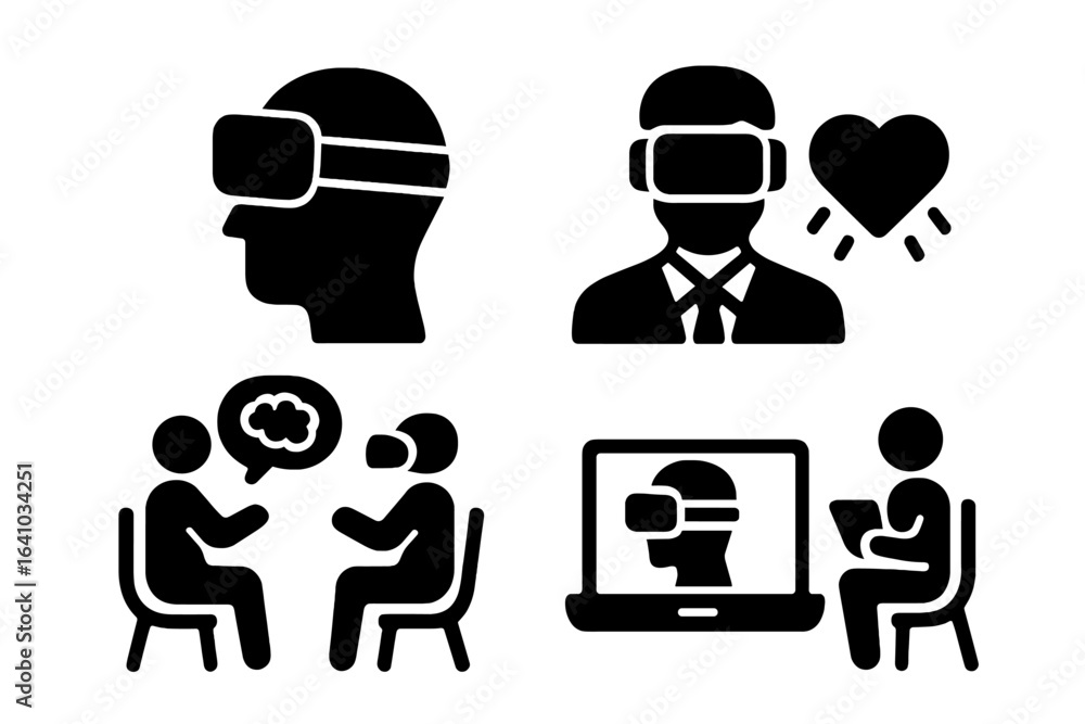 Poster exploring virtual reality interactions in modern technology settings with diverse activities and exp