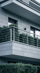 Fototapeta premium Modern building detail showcasing balcony with metal railing and green shrubbery, representing contemporary architecture, urban design, and serenity