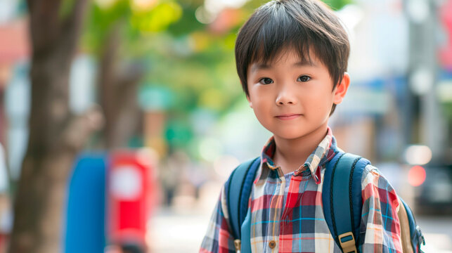 Portrait of Asian schoolboy with backpack outdoors