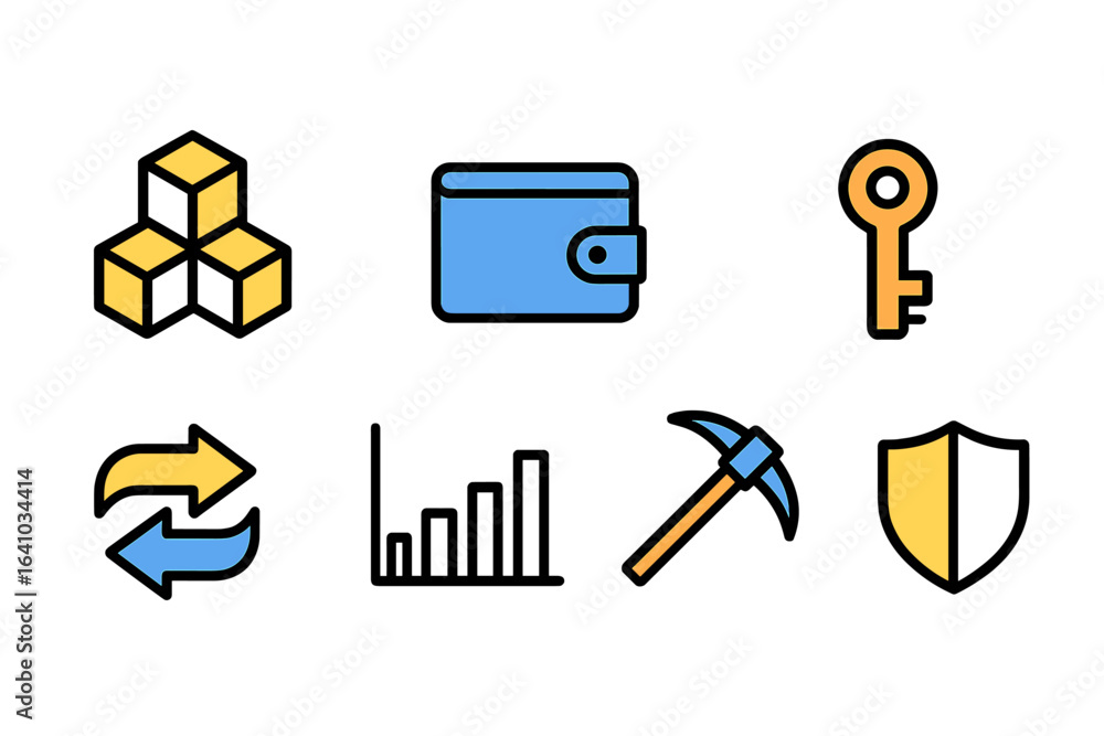 Poster icons representing various concepts such as data storage, finance, security, and analytics in a mode