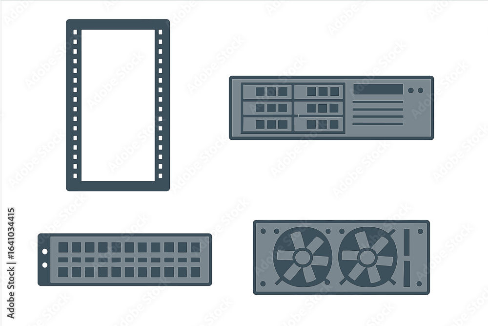 Poster computer hardware components including a server, graphics card, and a keyboard displayed in a minima