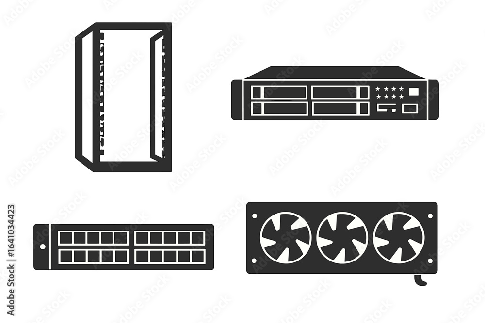 Poster different types of computer servers and network hardware components displayed on a simple background