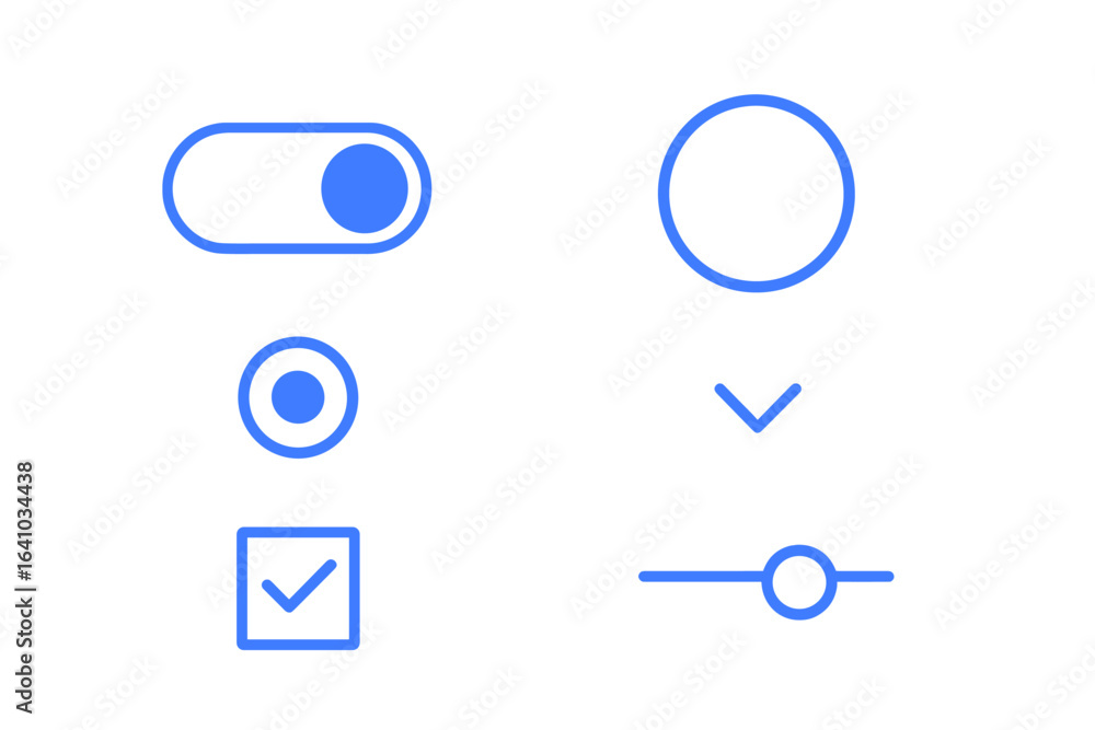 Poster modern user interface icons showcasing toggle switches, radio buttons, checkboxes, and sliders in a 