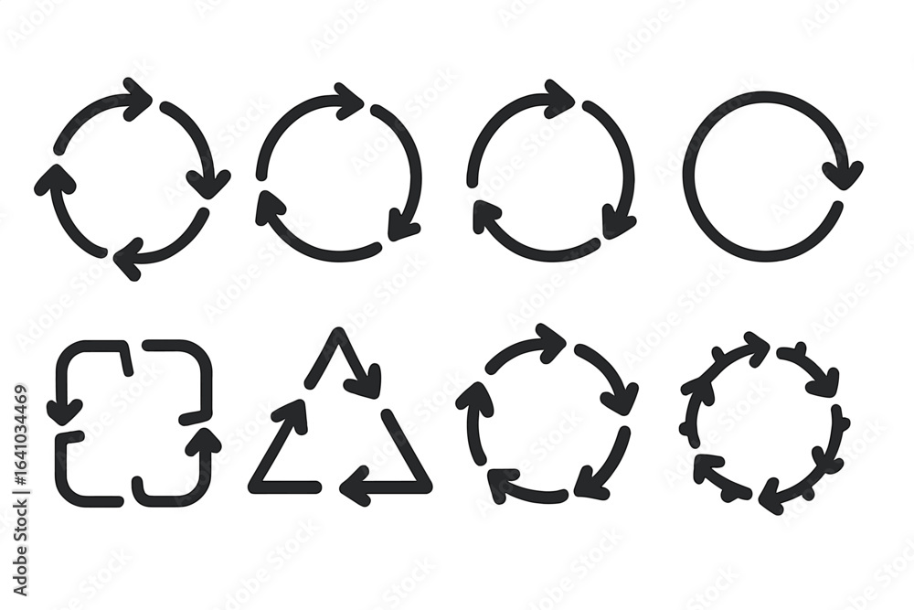 Poster collection of circular and triangular recycling symbols in various designs showcasing sustainability
