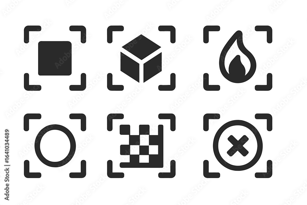 Poster shapes and symbols displayed in a grid pattern with varying designs at a brainstorming session in a 