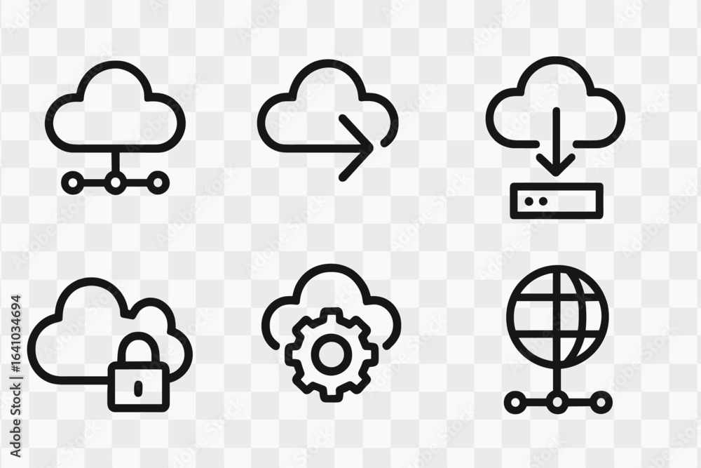 Poster various cloud icons representing internet services, data transfer, and security features in a minima