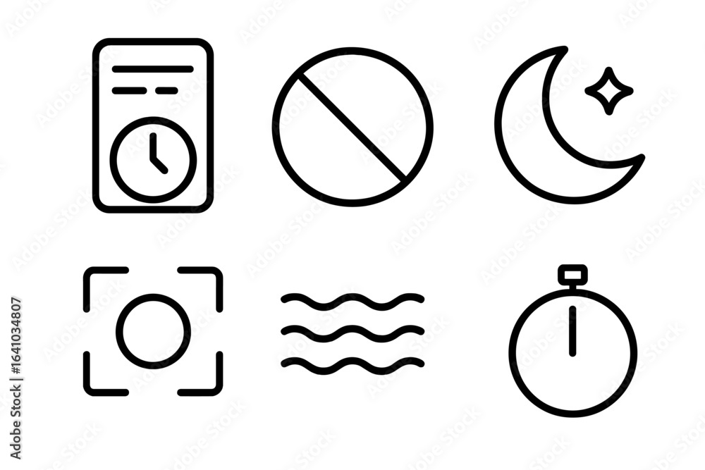 Poster collection of minimalist icons representing time management, restrictions, and celestial elements