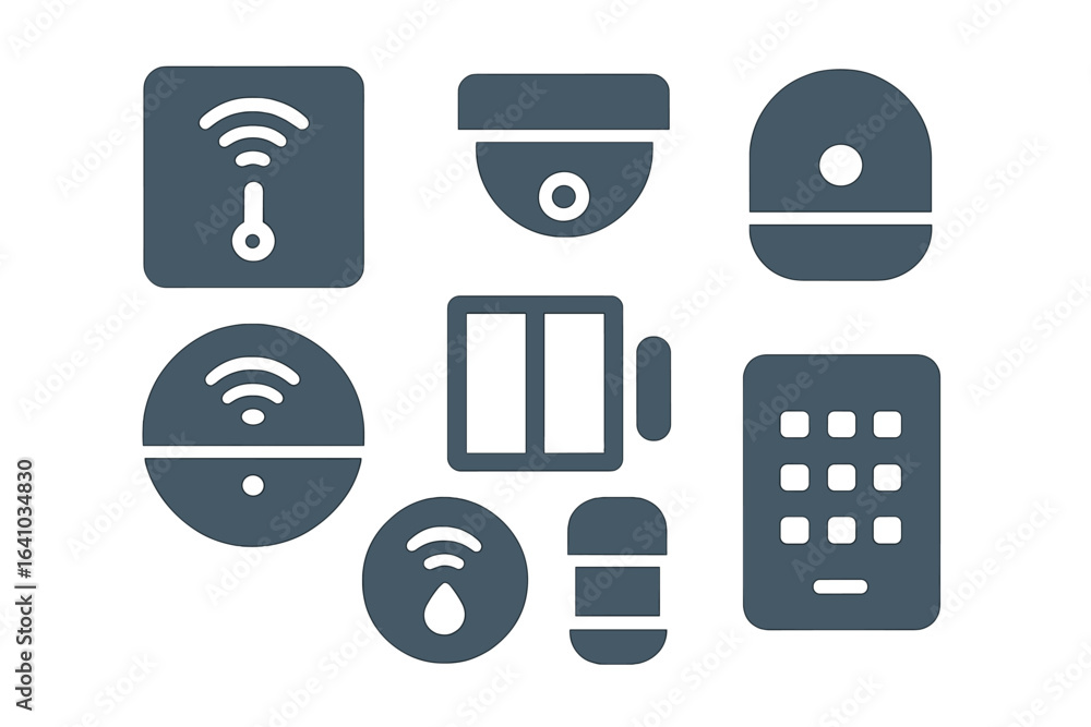 Poster modern smart home technology icons represent various devices for automation and security systems in 