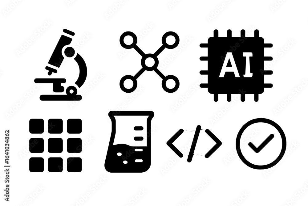 Poster symbols representing technology, science, and artificial intelligence in a modern context focusing o