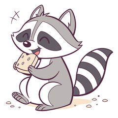 Vector Illustration of a Baby Raccoon Joyfully Eating Bread