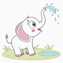 Vector of Baby Elephant Playing with Water
