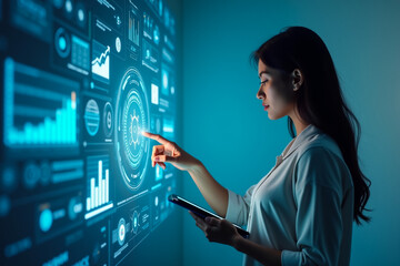 Young woman using a tablet with digital social media icons