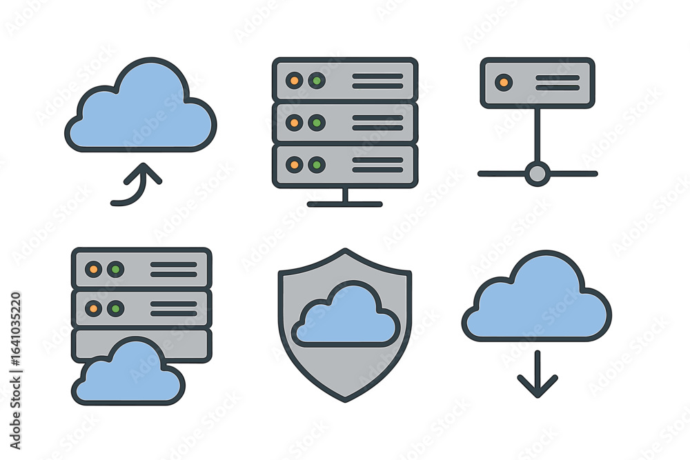 Poster cloud computing icons illustrating storage, security, and data transfer concepts in a modern digital