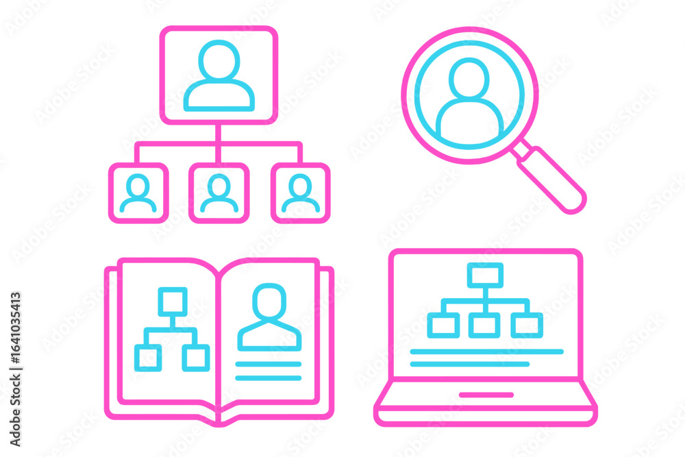 Poster visual representation of a digital organization structure and user search tools in a modern workspac