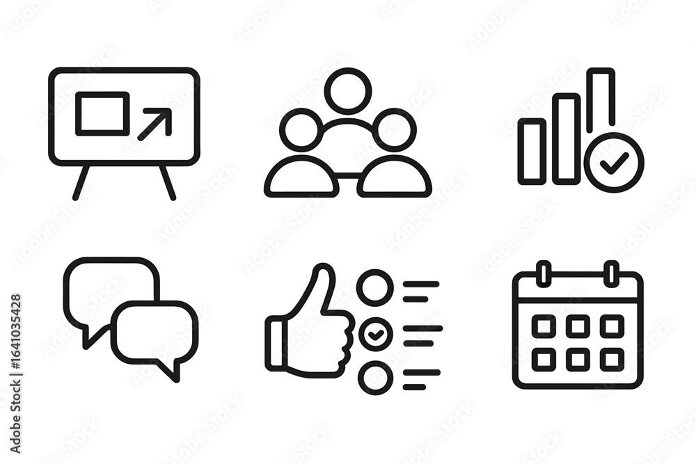 Poster visual elements representing teamwork, data analysis, communication, and planning in a professional 
