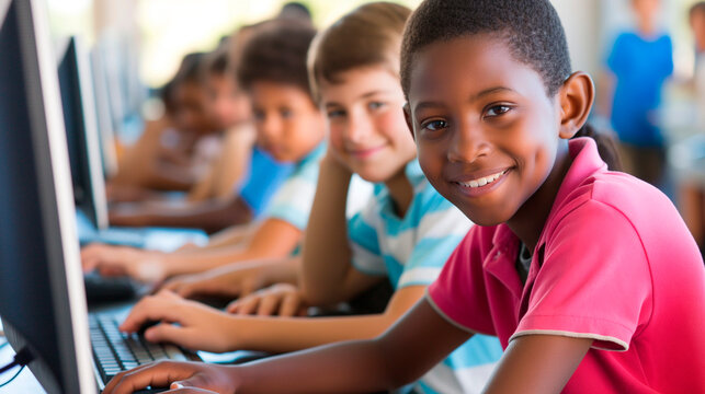 African American schoolboy at computer in class