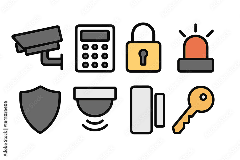 Poster various security icons representing surveillance, access control, and alarm systems in a simple, mod