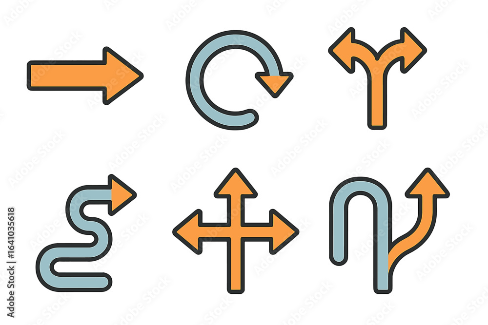 Poster directional symbols illustrating movement and navigation concepts in simple design layout