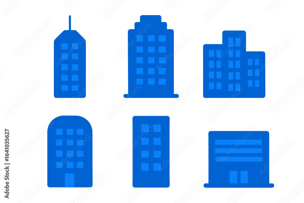 Poster various blue building silhouettes arranged in a grid pattern showcasing urban design elements and ar