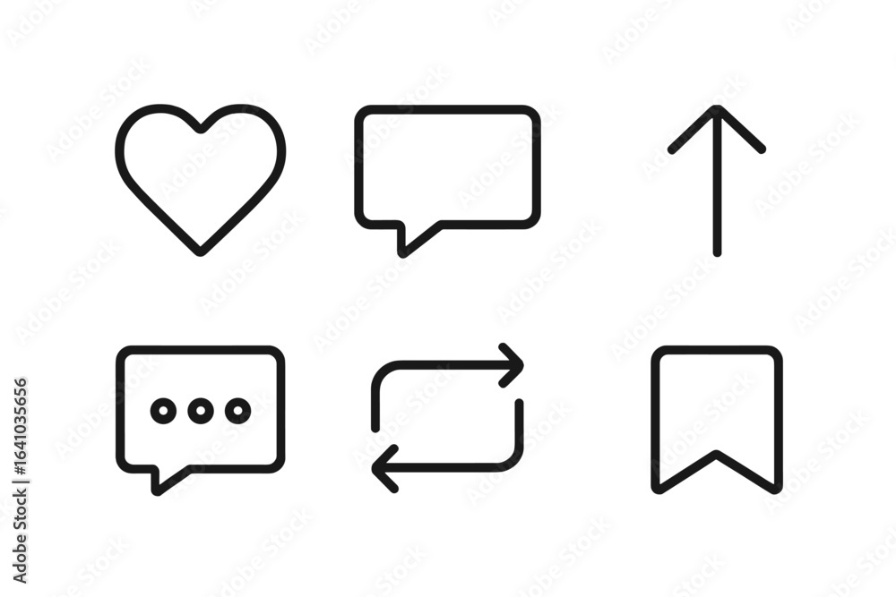 Poster collection of simple monochrome icons representing interaction features commonly used in digital com
