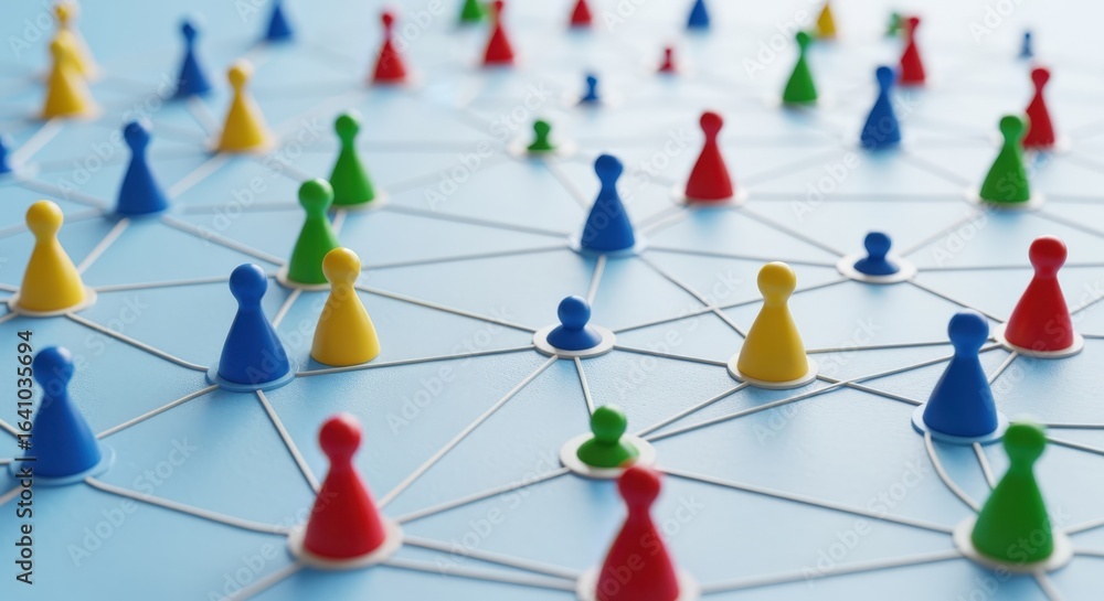Poster abstract network representation with colorful figures and interconnected lines on a blue gradient ba