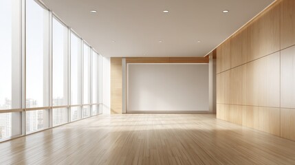 Modern Empty Office Space Interior with Large Windows and Wooden Walls, Offering City View