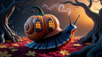 Snail carrying pumpkin house on its back. Autumn season. Symbolic concept of home and journey.