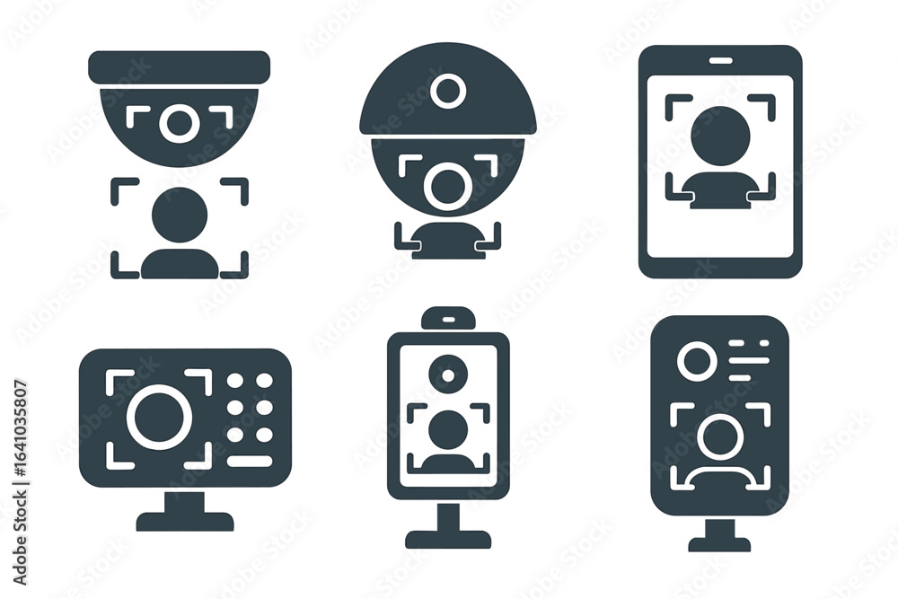 Poster facial recognition technology icons displaying various applications and devices for identifying indi