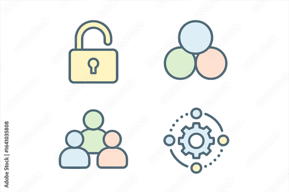 Poster visual representation of data security, collaboration, and system integration concepts with icons