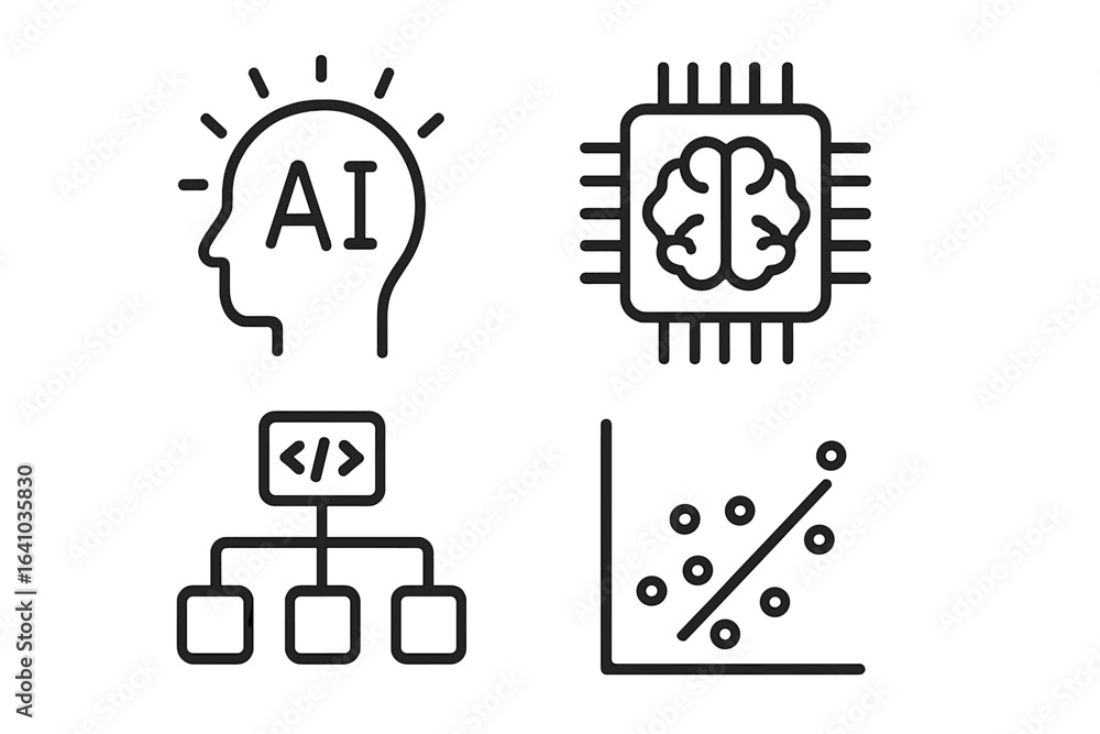 Poster illustration showcasing key concepts of artificial intelligence, machine learning, and neural networ