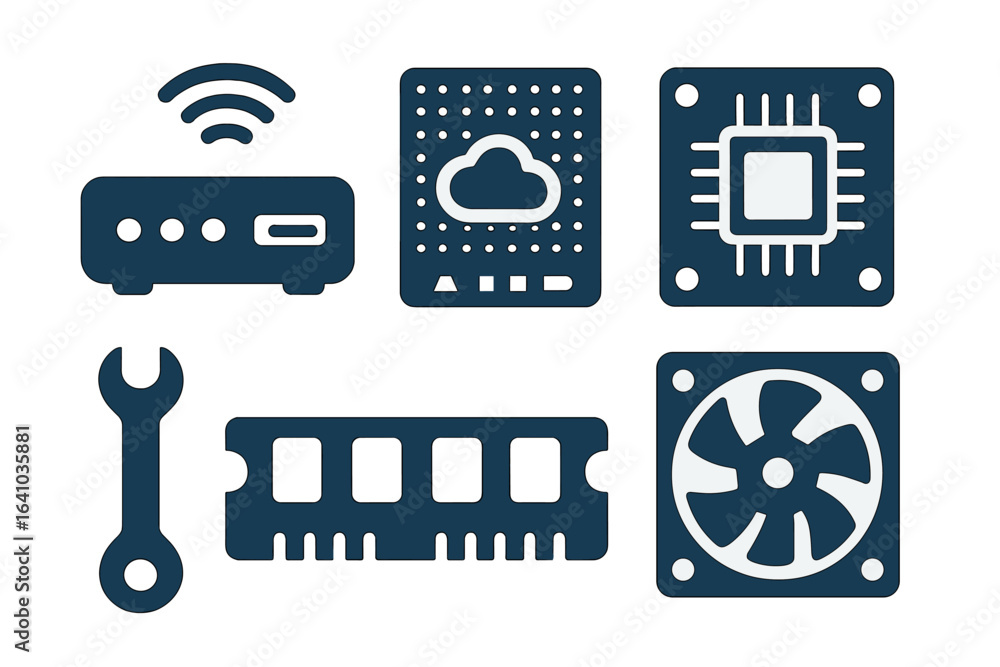 Poster various technology components and tools used in modern electronics and computing