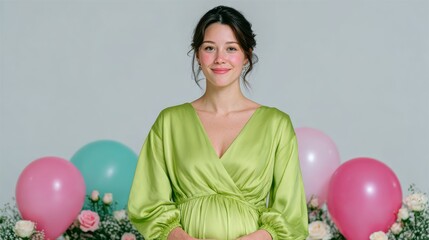Pregnant woman in bright green dress with floral backdrop – perfect for baby shower, birthday party invitation, prenatal health care