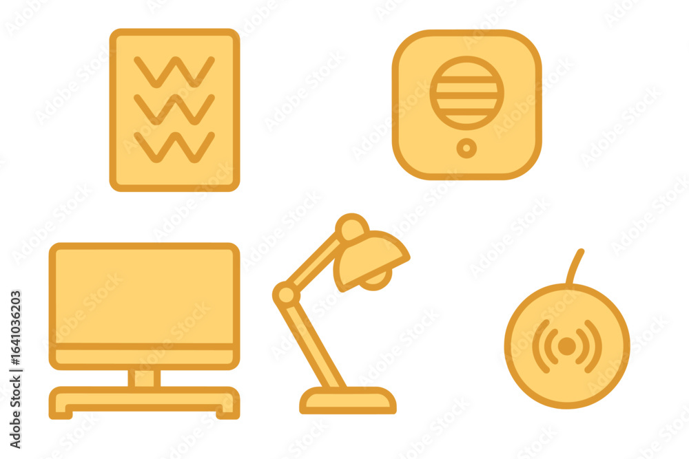 Poster icons representing modern technology and workspace tools arranged on a simple background