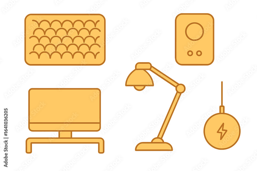 Poster modern workspace elements including a desk lamp, computer monitor, and sound system on a minimalisti