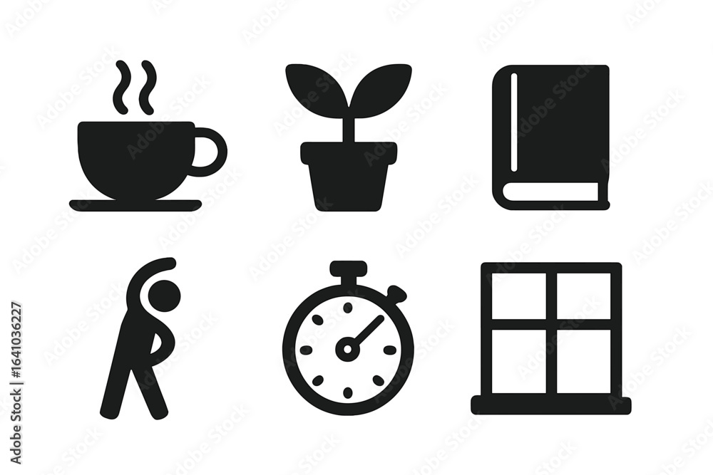 Aufkleber multiple icons depicting daily activities and objects related to productivity and relaxation at home